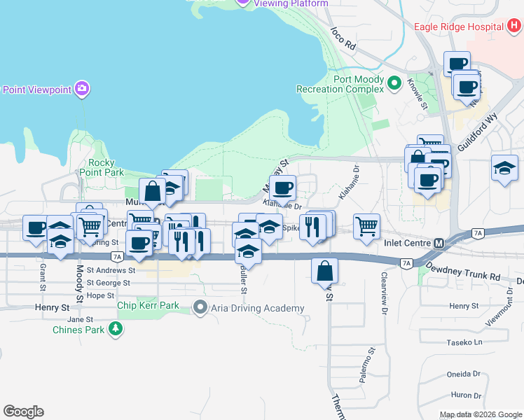 map of restaurants, bars, coffee shops, grocery stores, and more near 55 Klahanie Drive in Port Moody