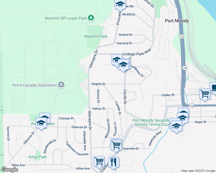 map of restaurants, bars, coffee shops, grocery stores, and more near 257 Angela Drive in Port Moody
