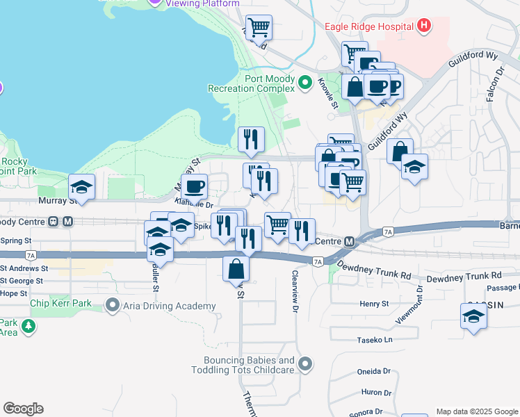 map of restaurants, bars, coffee shops, grocery stores, and more near in Port Moody