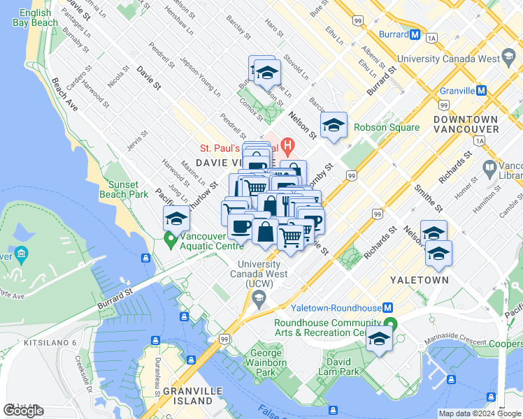 map of restaurants, bars, coffee shops, grocery stores, and more near 1238 Burrard Street in Vancouver