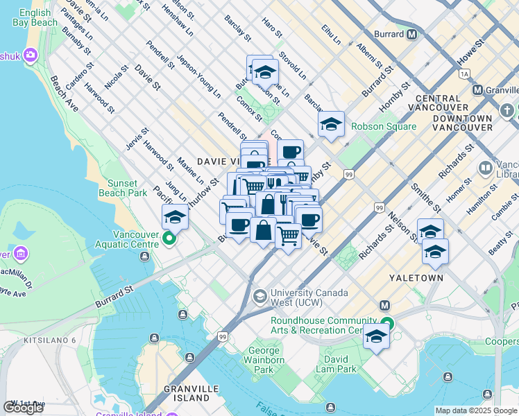 map of restaurants, bars, coffee shops, grocery stores, and more near 1238 Burrard Street in Vancouver