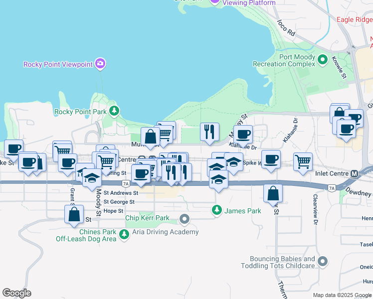 map of restaurants, bars, coffee shops, grocery stores, and more near 3082B Spring Street in Port Moody