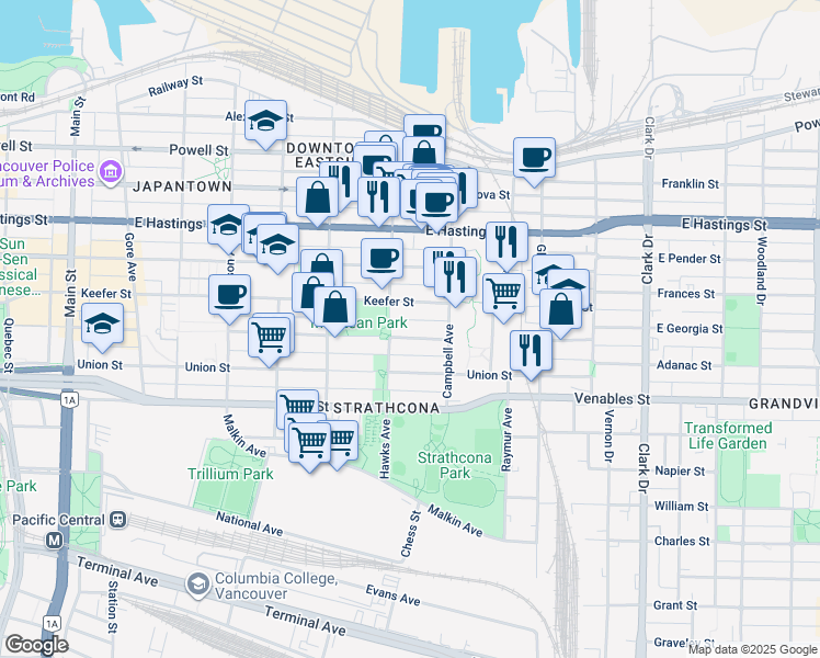 map of restaurants, bars, coffee shops, grocery stores, and more near 833 East Georgia Street in Vancouver