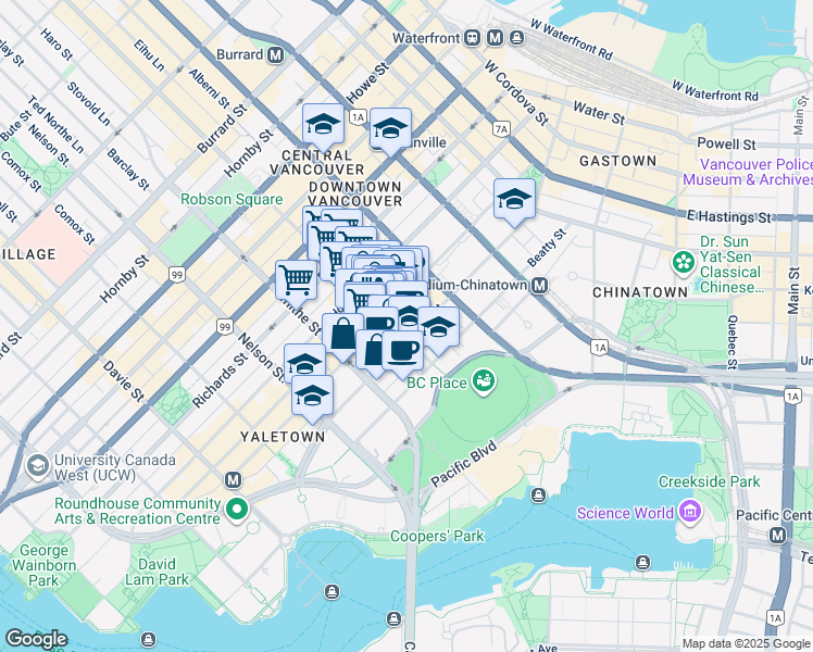 map of restaurants, bars, coffee shops, grocery stores, and more near 233 Robson Street in Vancouver