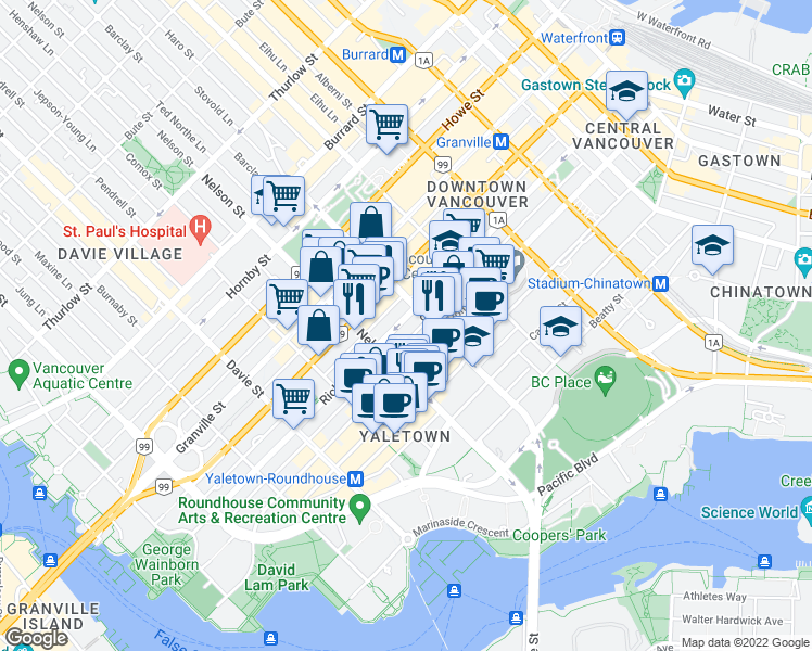 map of restaurants, bars, coffee shops, grocery stores, and more near 930 Richards Street in Vancouver