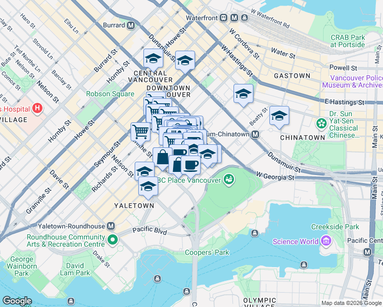 map of restaurants, bars, coffee shops, grocery stores, and more near 233 Robson Street in Vancouver