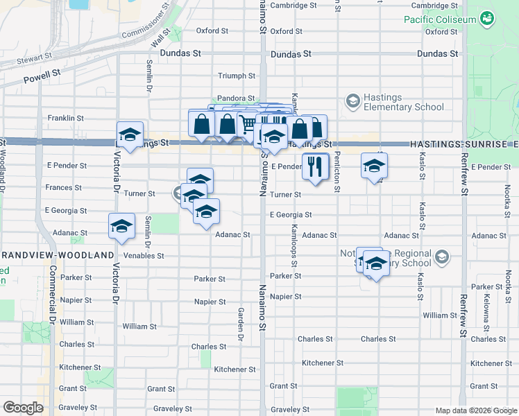 map of restaurants, bars, coffee shops, grocery stores, and more near 675 Nanaimo Street in Vancouver