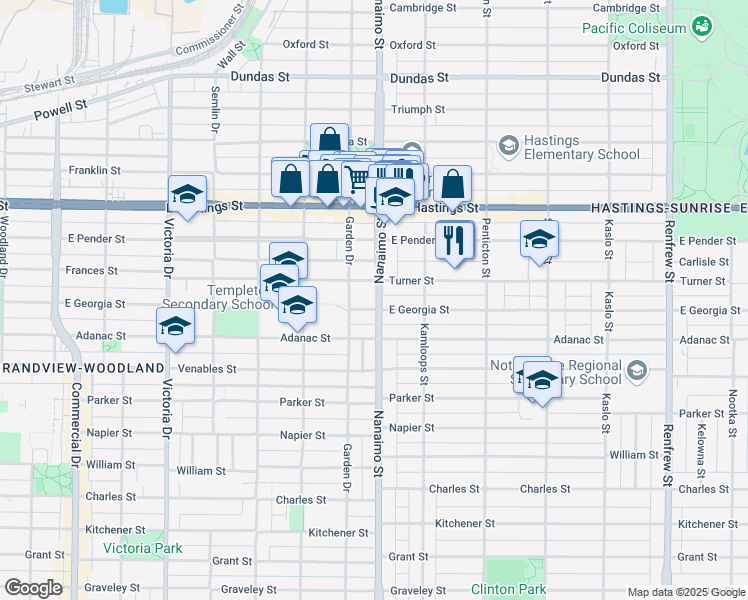map of restaurants, bars, coffee shops, grocery stores, and more near 675 Nanaimo Street in Vancouver