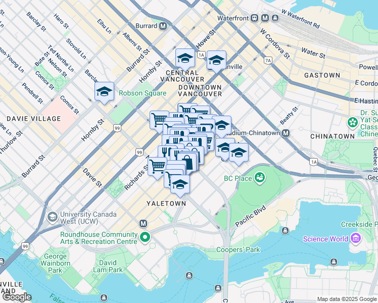 map of restaurants, bars, coffee shops, grocery stores, and more near 888 Homer Street in Vancouver