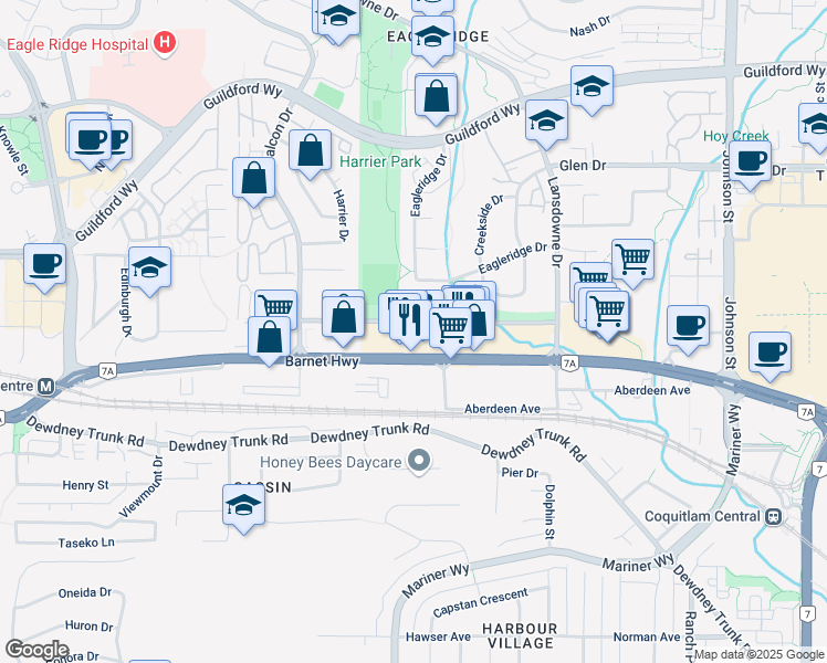 map of restaurants, bars, coffee shops, grocery stores, and more near 105-2635 Barnet Highway in Coquitlam