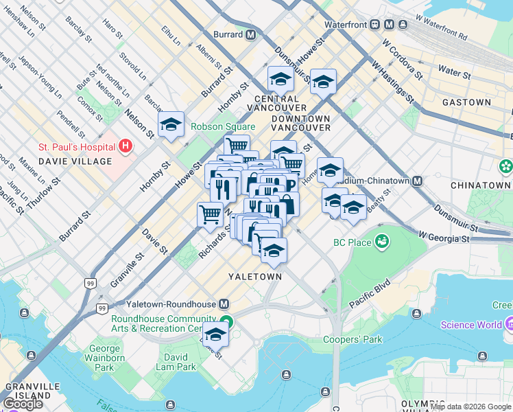 map of restaurants, bars, coffee shops, grocery stores, and more near 928 Richards Street in Vancouver