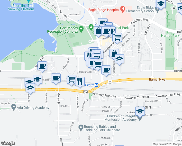 map of restaurants, bars, coffee shops, grocery stores, and more near 335 Capilano Road in Port Moody