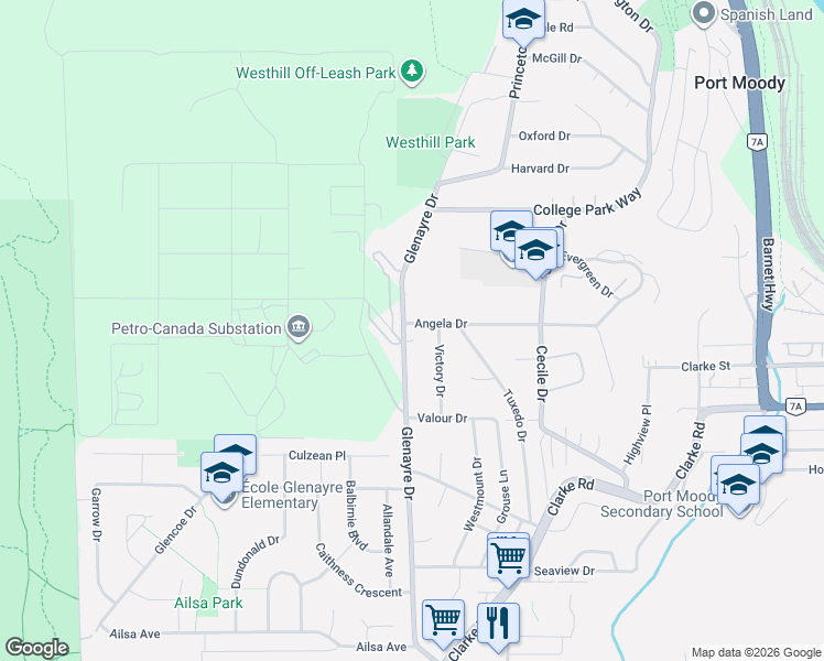 map of restaurants, bars, coffee shops, grocery stores, and more near 1184 Glenayre Drive in Port Moody