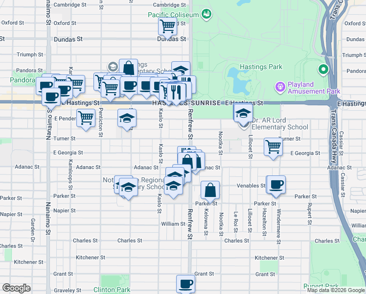 map of restaurants, bars, coffee shops, grocery stores, and more near in Vancouver