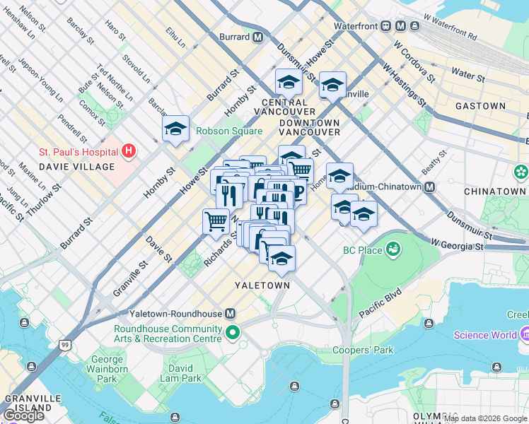 map of restaurants, bars, coffee shops, grocery stores, and more near 910 Richards Street in Vancouver