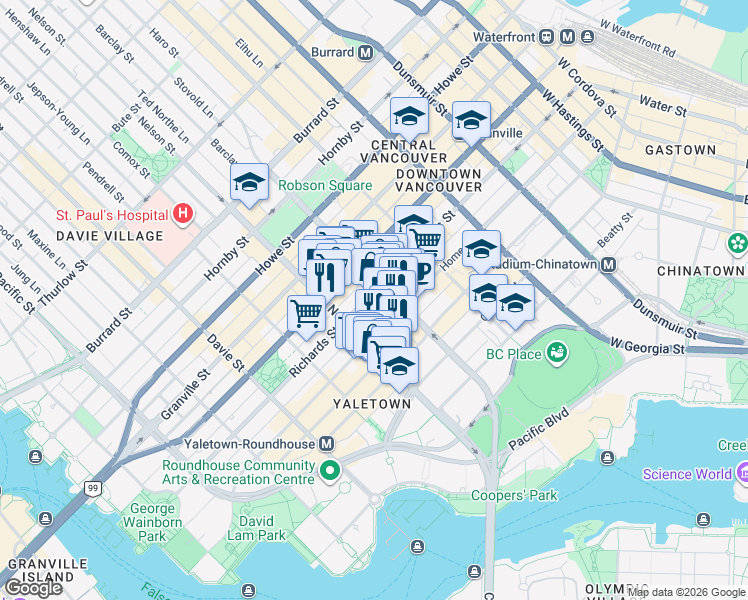 map of restaurants, bars, coffee shops, grocery stores, and more near 928 Richards Street in Vancouver