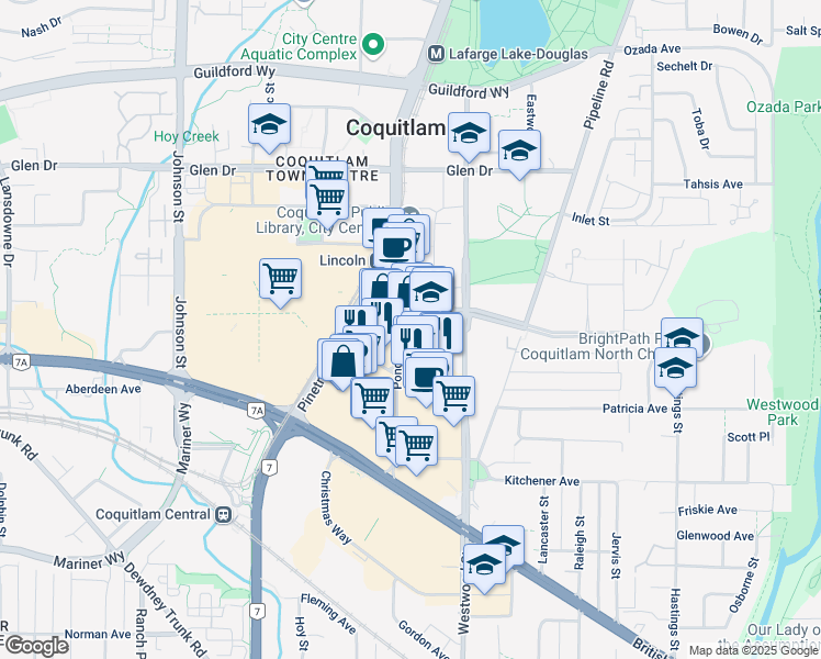 map of restaurants, bars, coffee shops, grocery stores, and more near 3020 Lincoln Avenue in Coquitlam