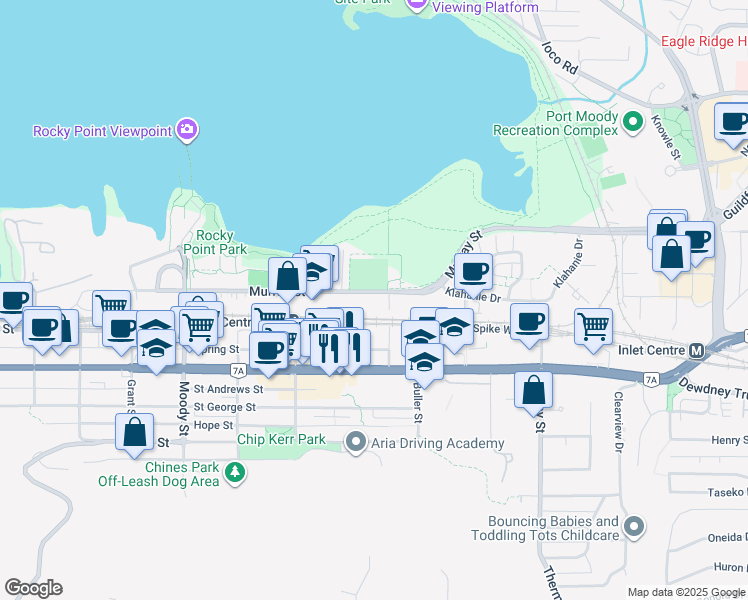 map of restaurants, bars, coffee shops, grocery stores, and more near 3055 Murray Street in Port Moody