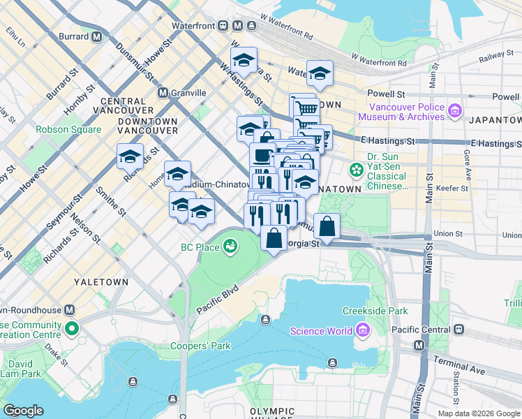 map of restaurants, bars, coffee shops, grocery stores, and more near 129 Regiment Square in Vancouver