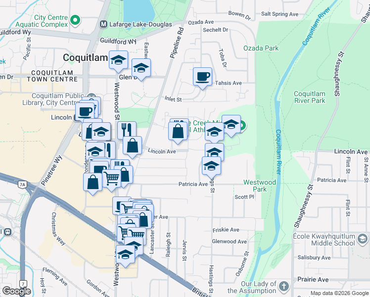 map of restaurants, bars, coffee shops, grocery stores, and more near 3105 Lincoln Avenue in Coquitlam