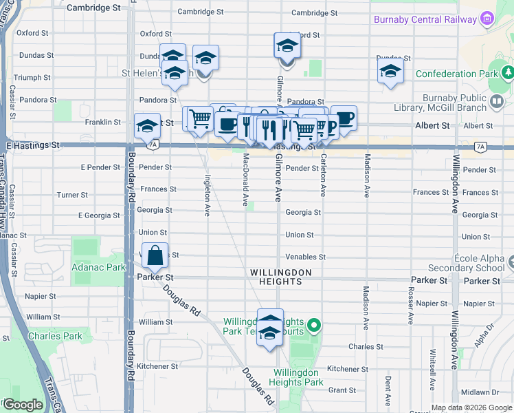 map of restaurants, bars, coffee shops, grocery stores, and more near 4015 Georgia Street in Burnaby