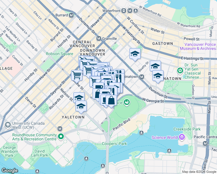 map of restaurants, bars, coffee shops, grocery stores, and more near 775 Cambie Street in Vancouver