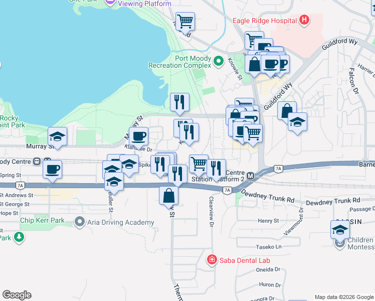 map of restaurants, bars, coffee shops, grocery stores, and more near 651 Nootka Way in Port Moody