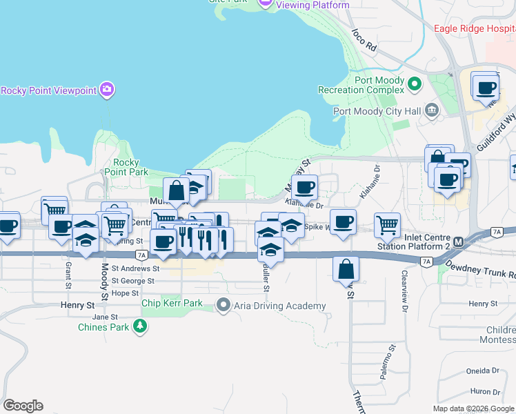 map of restaurants, bars, coffee shops, grocery stores, and more near 3131 Murray Street in Port Moody