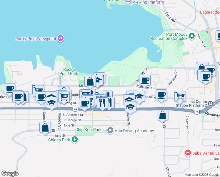 map of restaurants, bars, coffee shops, grocery stores, and more near 3055 Murray Street in Port Moody