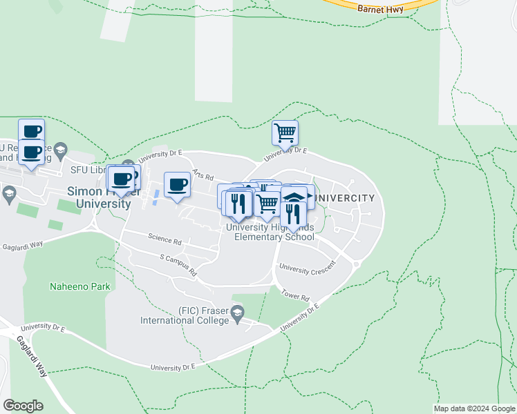 map of restaurants, bars, coffee shops, grocery stores, and more near 302 University Crescent in Burnaby