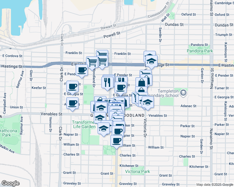 map of restaurants, bars, coffee shops, grocery stores, and more near 1729 East Georgia Street in Vancouver