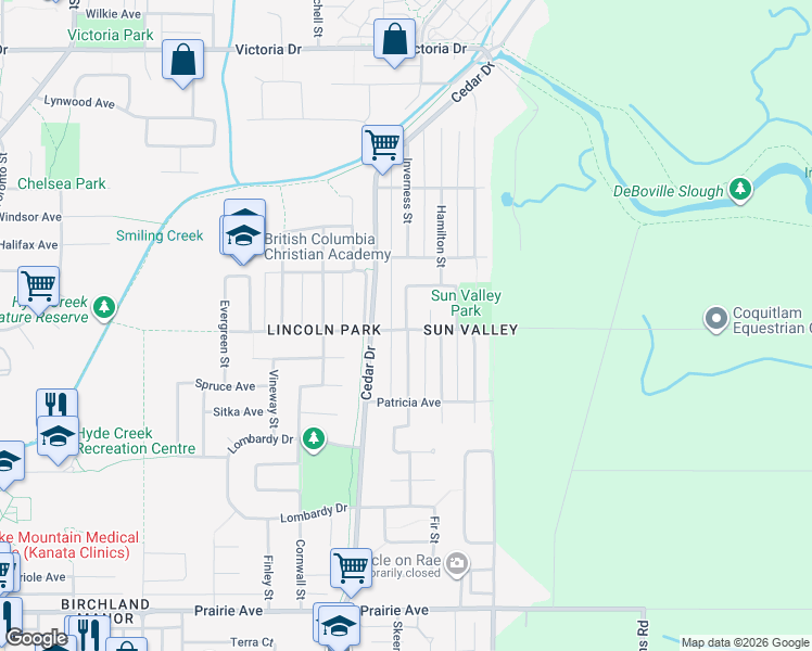 map of restaurants, bars, coffee shops, grocery stores, and more near Inverness Street in Port Coquitlam
