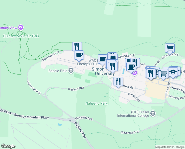 map of restaurants, bars, coffee shops, grocery stores, and more near 8888 University Drive West in Burnaby