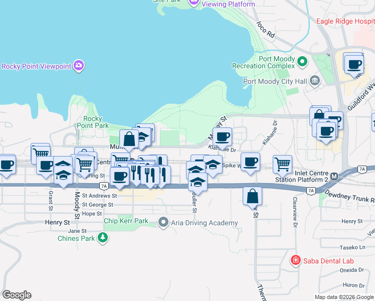 map of restaurants, bars, coffee shops, grocery stores, and more near 3131 Murray Street in Port Moody
