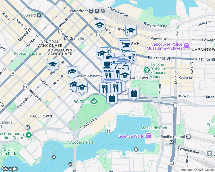 map of restaurants, bars, coffee shops, grocery stores, and more near 131 Regiment Square in Vancouver