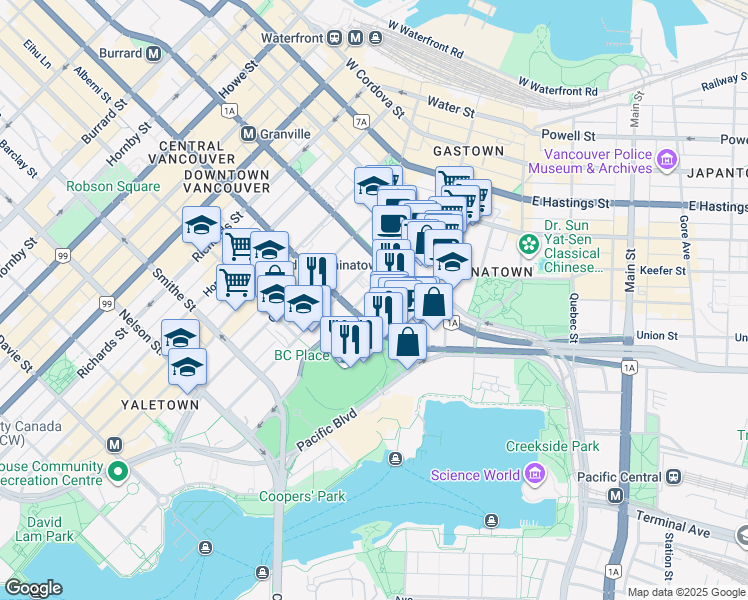 map of restaurants, bars, coffee shops, grocery stores, and more near 668 Citadel Parade in Vancouver