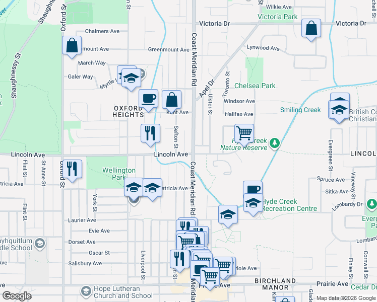 map of restaurants, bars, coffee shops, grocery stores, and more near 1551 Lincoln Avenue in Port Coquitlam