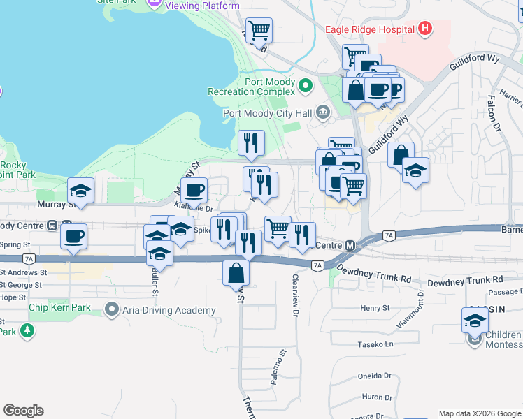 map of restaurants, bars, coffee shops, grocery stores, and more near 651 Nootka Way in Port Moody