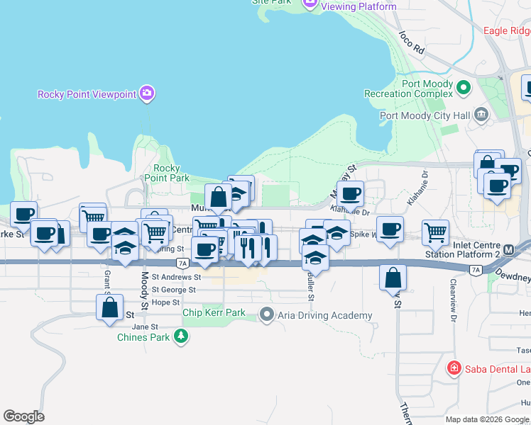 map of restaurants, bars, coffee shops, grocery stores, and more near 3055 Murray Street in Port Moody