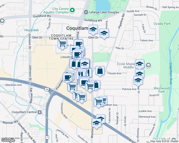 map of restaurants, bars, coffee shops, grocery stores, and more near 1120 Westwood Street in Coquitlam
