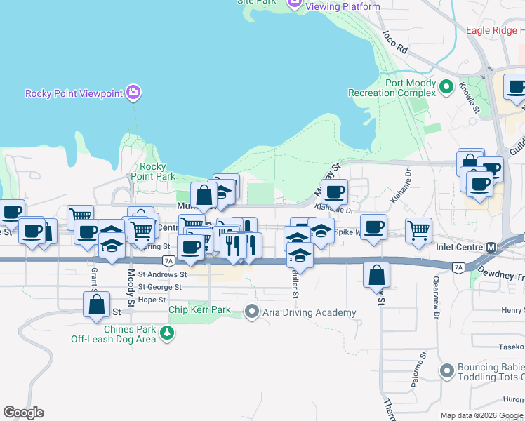map of restaurants, bars, coffee shops, grocery stores, and more near 3055 Murray Street in Port Moody