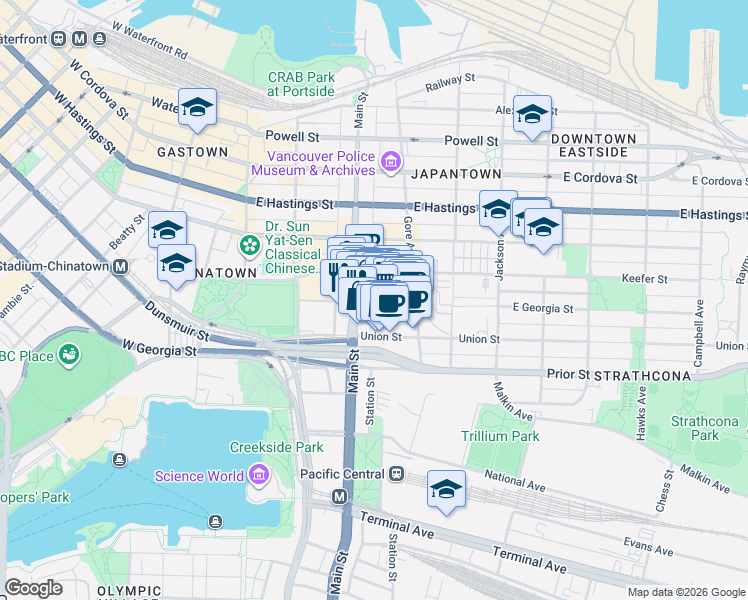map of restaurants, bars, coffee shops, grocery stores, and more near 221 East Georgia Street in Vancouver
