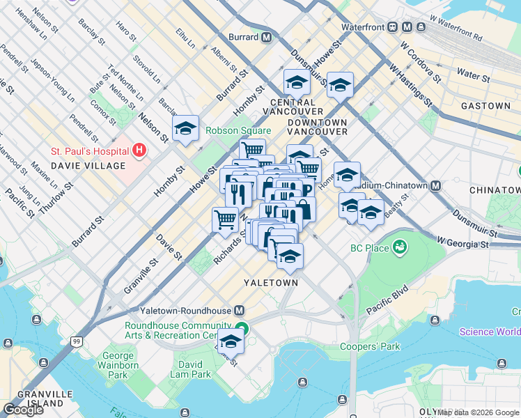 map of restaurants, bars, coffee shops, grocery stores, and more near 969 Richards Street in Vancouver