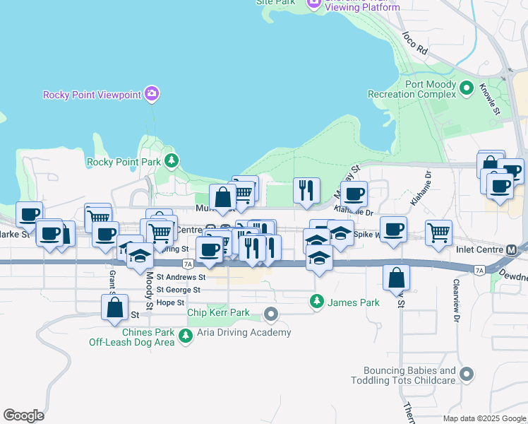 map of restaurants, bars, coffee shops, grocery stores, and more near 3015 Murray Street in Port Moody