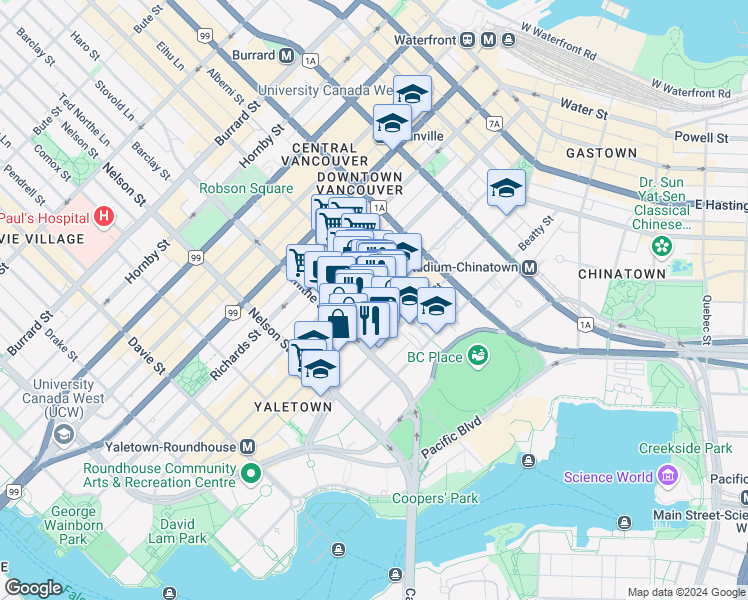 map of restaurants, bars, coffee shops, grocery stores, and more near 819 Hamilton Street in Vancouver