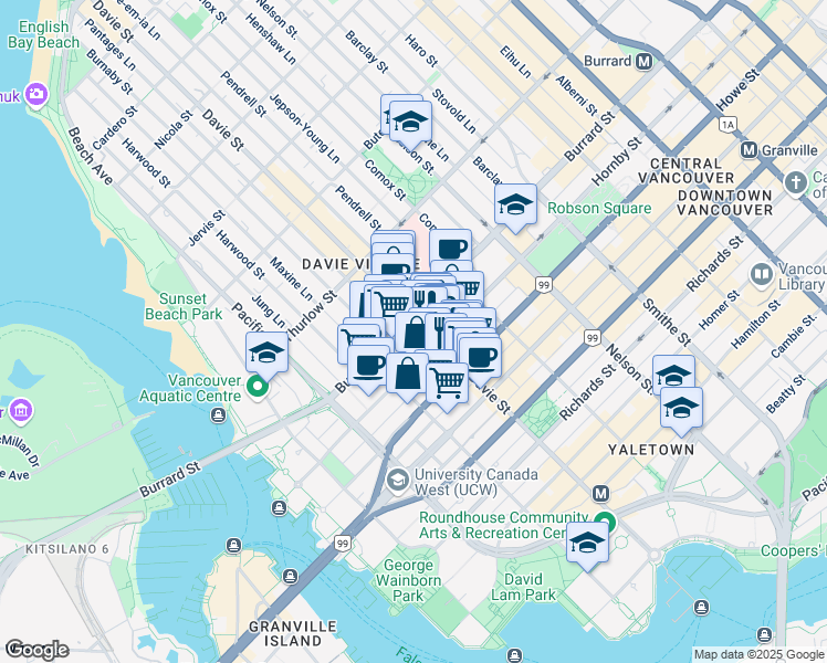 map of restaurants, bars, coffee shops, grocery stores, and more near 1200 Burrard Street in Vancouver