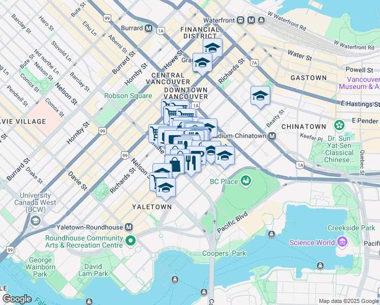 map of restaurants, bars, coffee shops, grocery stores, and more near 847 Hamilton Street in Vancouver