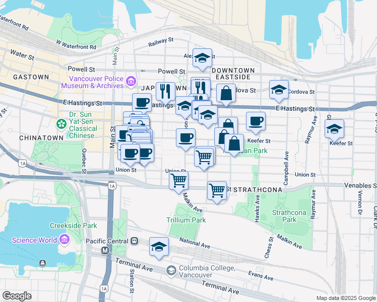 map of restaurants, bars, coffee shops, grocery stores, and more near 511 East Georgia Street in Vancouver