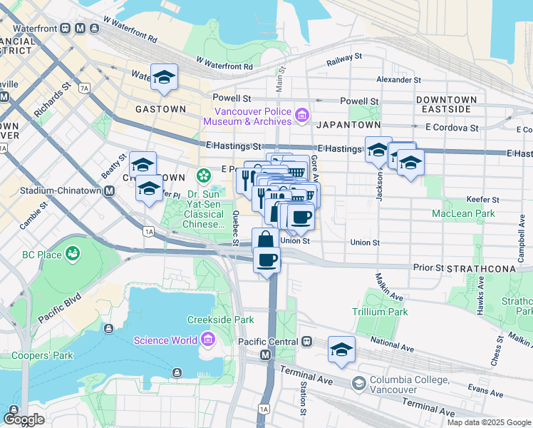 map of restaurants, bars, coffee shops, grocery stores, and more near 1695 Main Street in Vancouver
