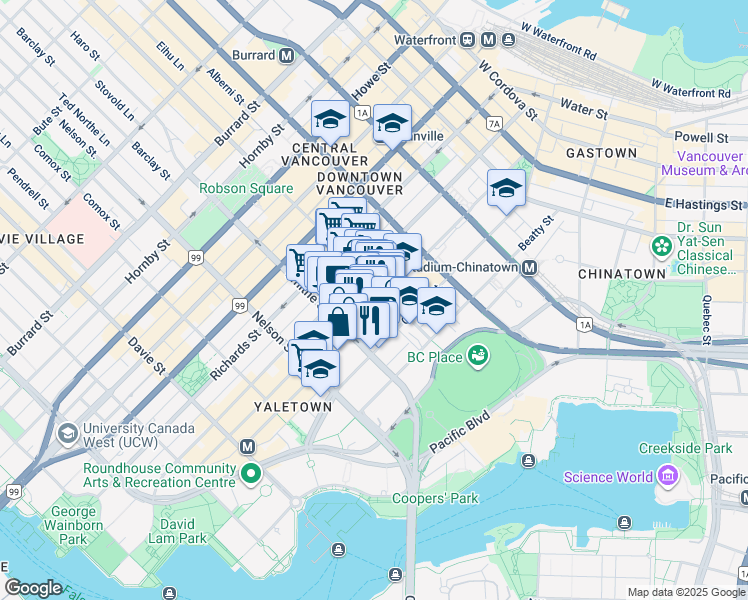 map of restaurants, bars, coffee shops, grocery stores, and more near 819 Hamilton Street in Vancouver